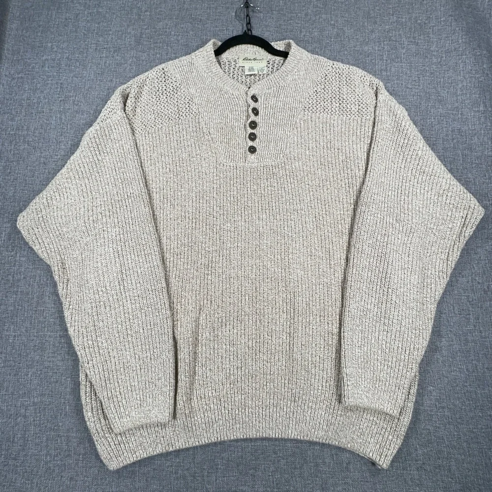 Vintage Eddie Bauer Henley Sweater Men XL Tall Cotton Knit Fisherman Made in USA